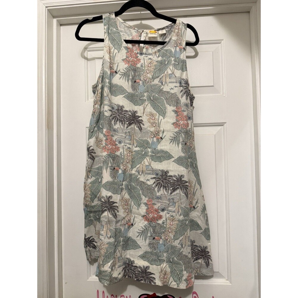 C&C California Tropical Palm Floral 100% Linen Sleeveless Dress Sz Medium Retro
